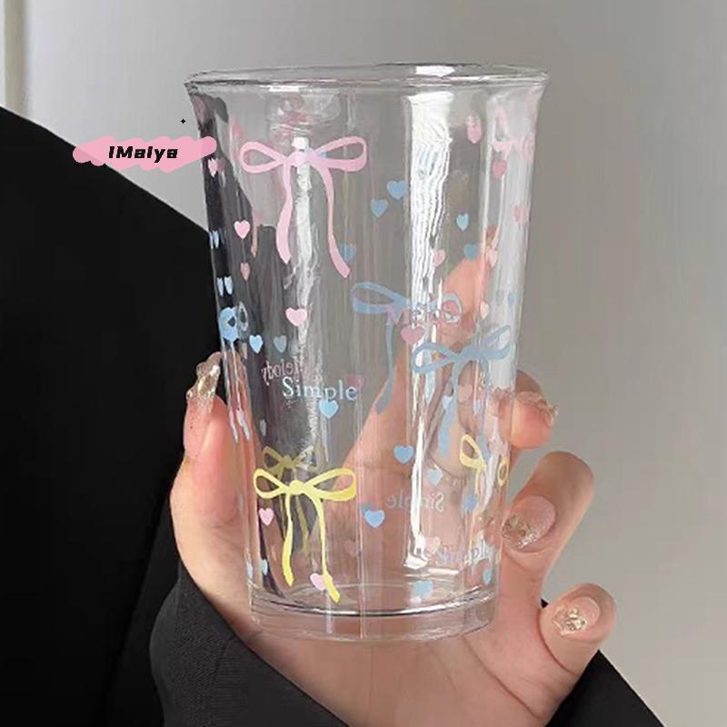 M-350ml Ins Girl Glass Coffee Cup Cute Pink Bow High Beauty Water Cup Breakfast Glass Cup Milk Portable Birthday Gift Coffee Mug