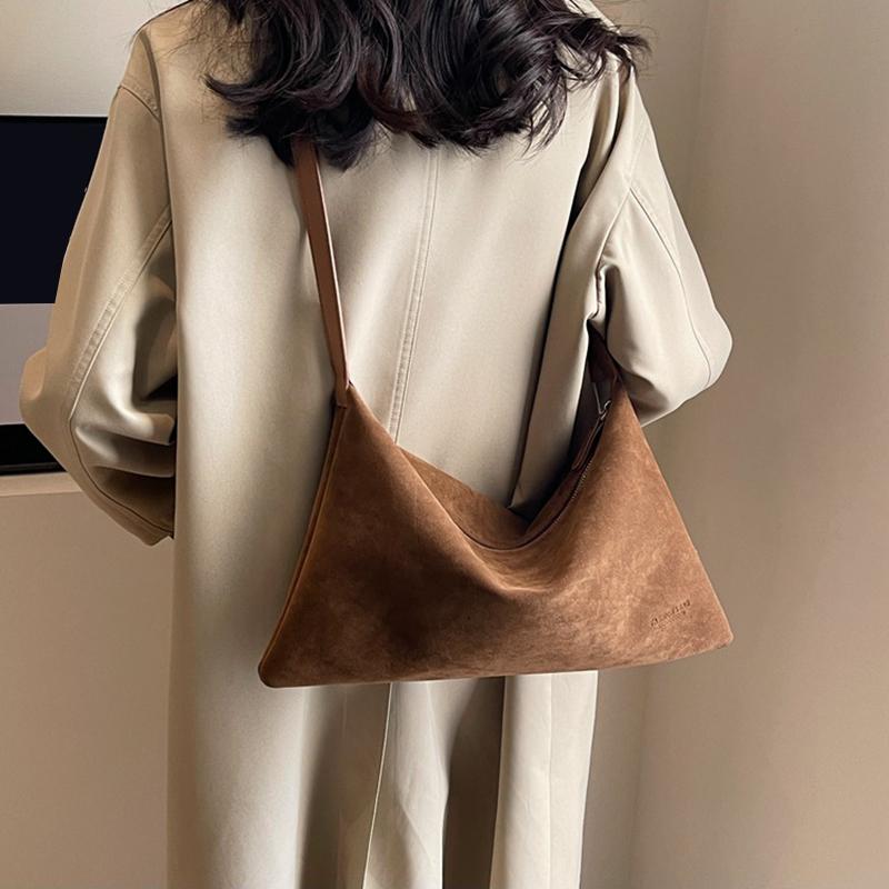 Women Suede PU Leather Large Capacity All-match Shoulder Bag Vintage Solid Color Casual Style Commuter Tote Bag KTY