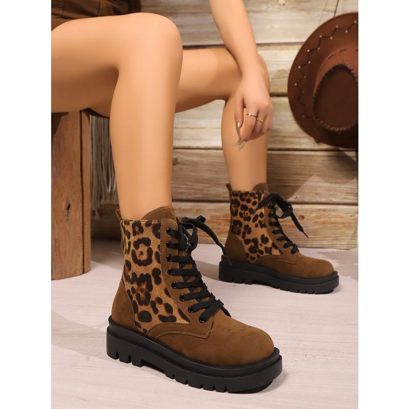 Damen Übergröße Leopardenmuster Schnürung Dicke Sohle Runde Spitze Kurze Martin Boots.
