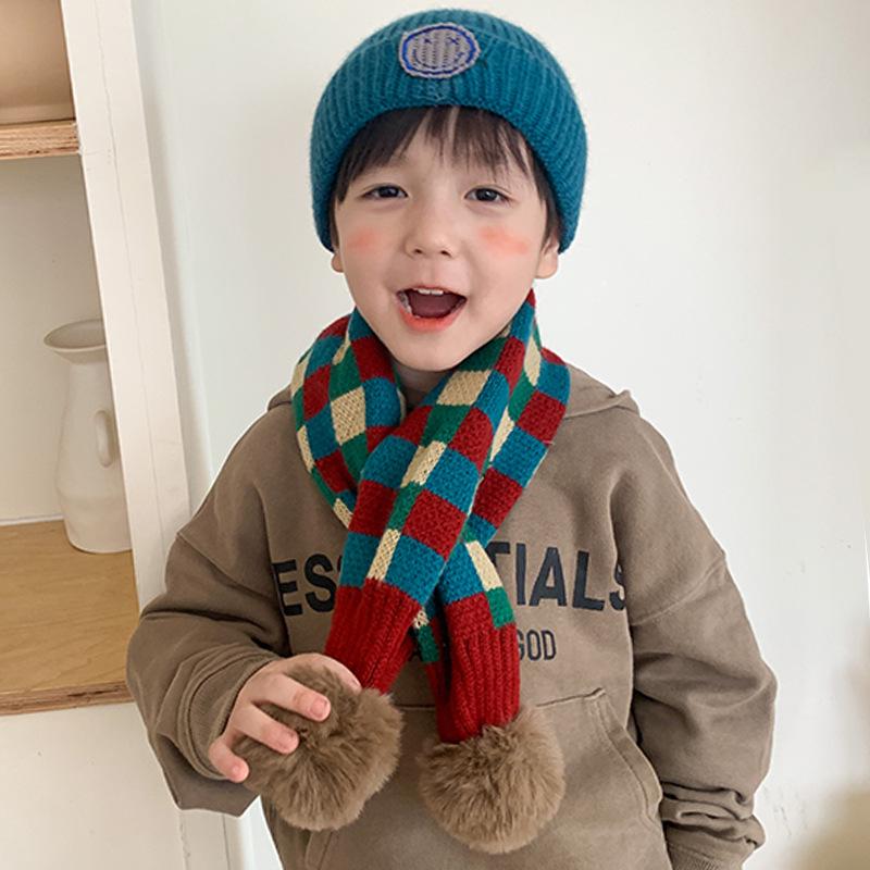 

Children s Grid Pattern Pompom Wool Scarf Set - Autumn & Winter Warm Korean Style for Boys & Girls. 2-12 Years