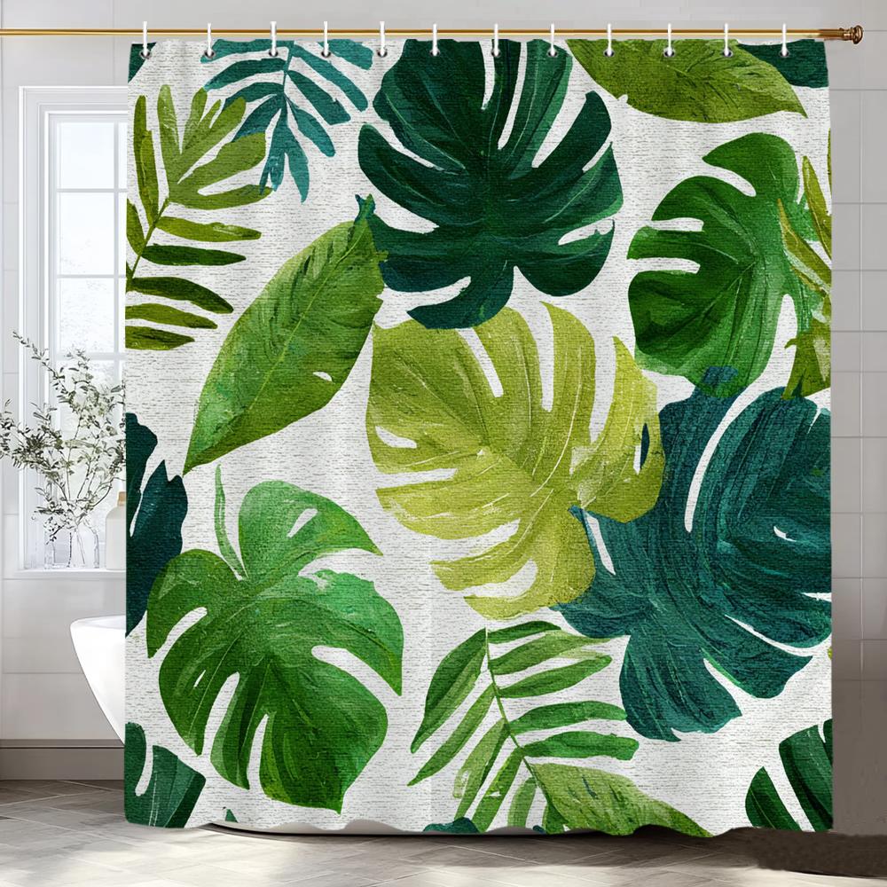 Tropical Green Leaves Monstera Pattern Shower Curtain, Bathroom Decorative Shower Curtain, Print Polyester Curtain With Hooks