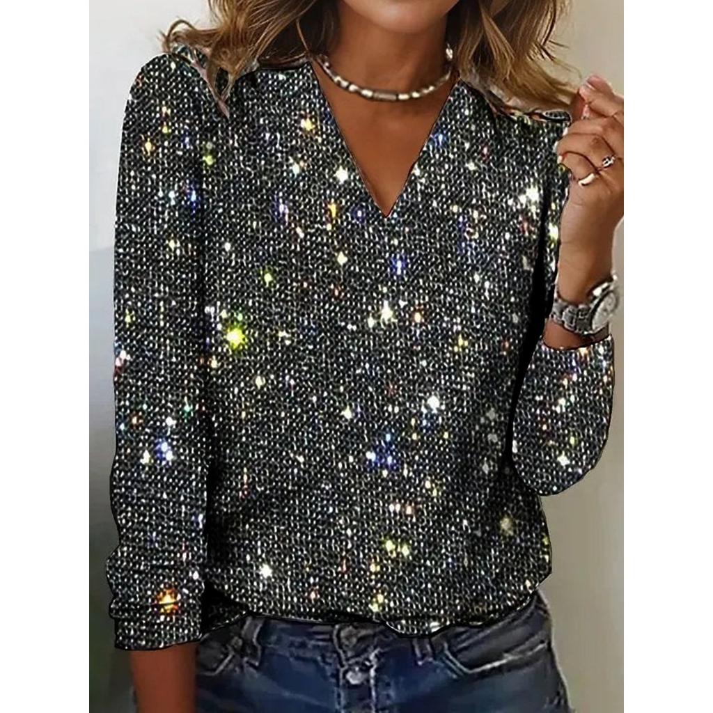 Top con Scollo a V Temperamentale, Elegante Monocolore, Top a Manica Lunga con Paillettes