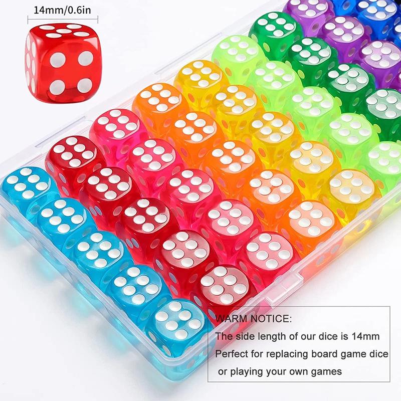 100Pcs/Set 6 Sided Dice 14Mm D6 Clear Color Crystal Acrylic Round Edge Boxed Dice For Tabletop Gaming Party Dnd Ten Per Color