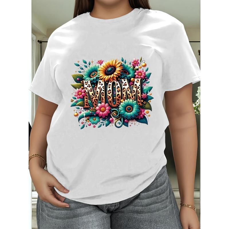 Europeisk Storlek Plus Size Dam Happy Mother's Day Grafisk T-shirt med Blommig & Leopardmönsterdesign, Lätt Andningsbar Avslappnad Vår Sommar T-shirt