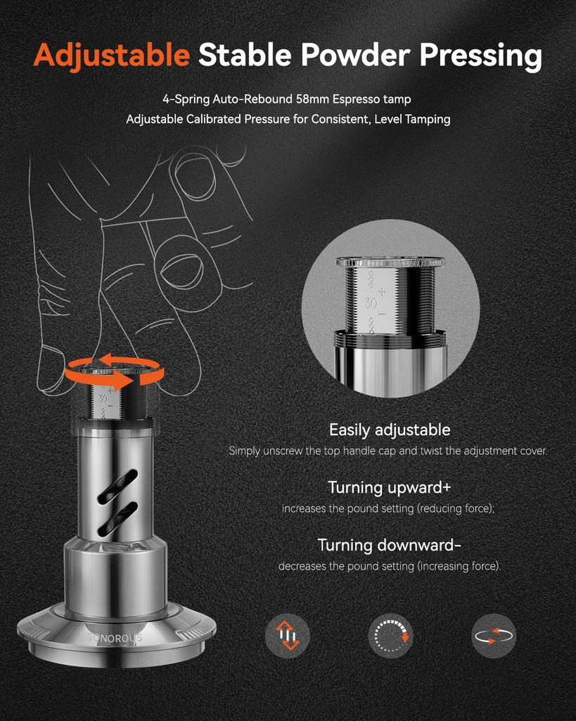 MUVNA V2 Pěchovadlo na espresso, Pěchovadlo na kávu s pružinou 30 liber, Nerezová ocel, Gravitačně adaptivní výška, Distributor, Nová sada