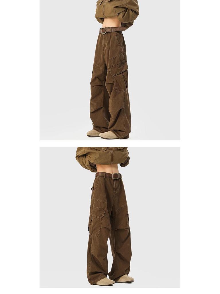Men's Mylar Brown Cargo Pants: American Retro Multi-Pocket, Autumn/Winter CleanFit Micro-Flare Jeans