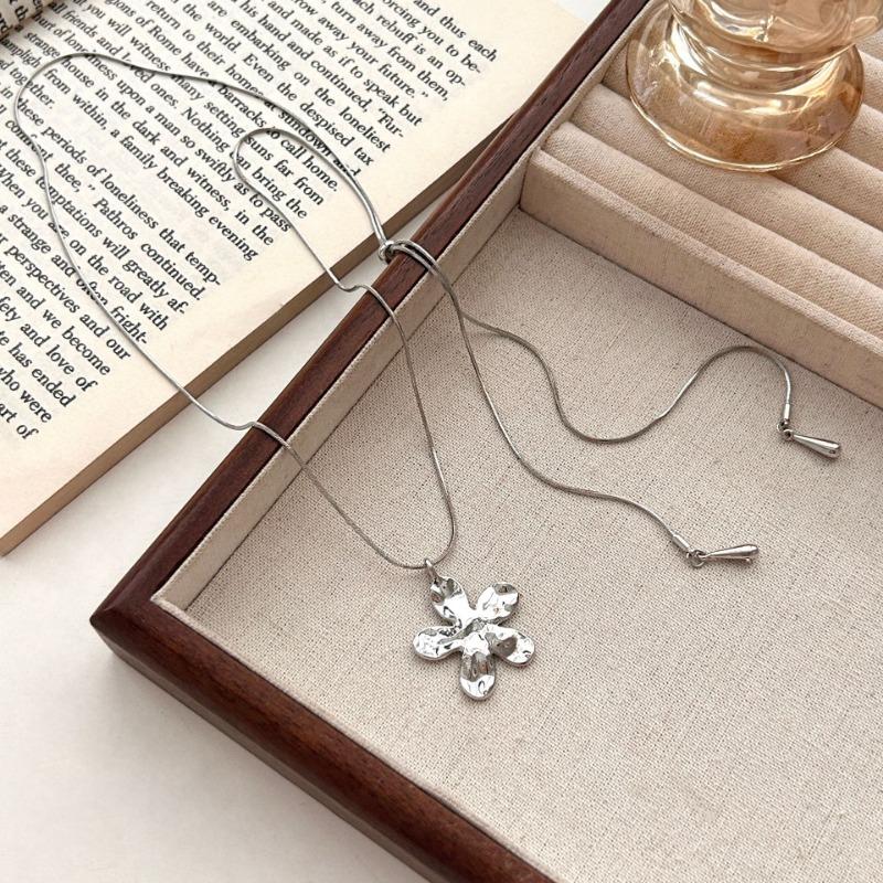 Korean Style Pull Out Flower Long Snake Bone Sweater Necklace For Women