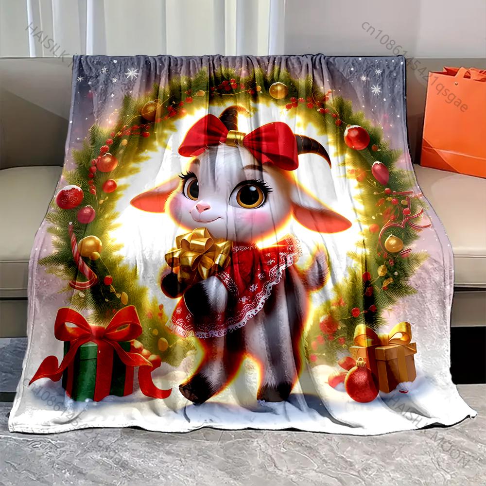Festive Goat with Christmas Wreath Pattern Blanket Flannel Material Soft Warm for All Seasons, Home Outdoor Camping Picnics RV