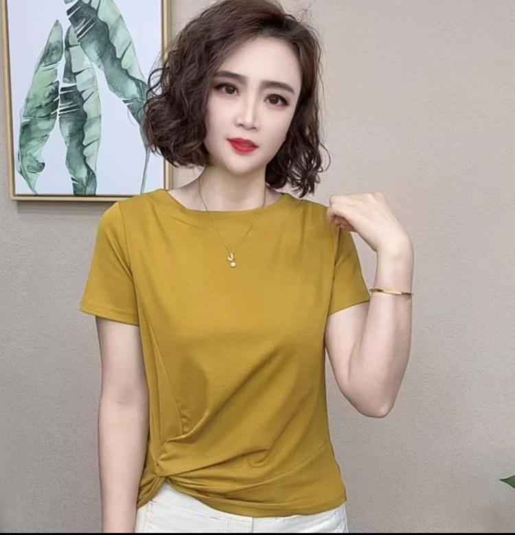 Women's summer casual loose irregular design short sleeved T-shirt solid color simple commuting top