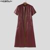INCERUN Men Short Sleeve PU Open Front Faux Leather Long Cardigan Coats