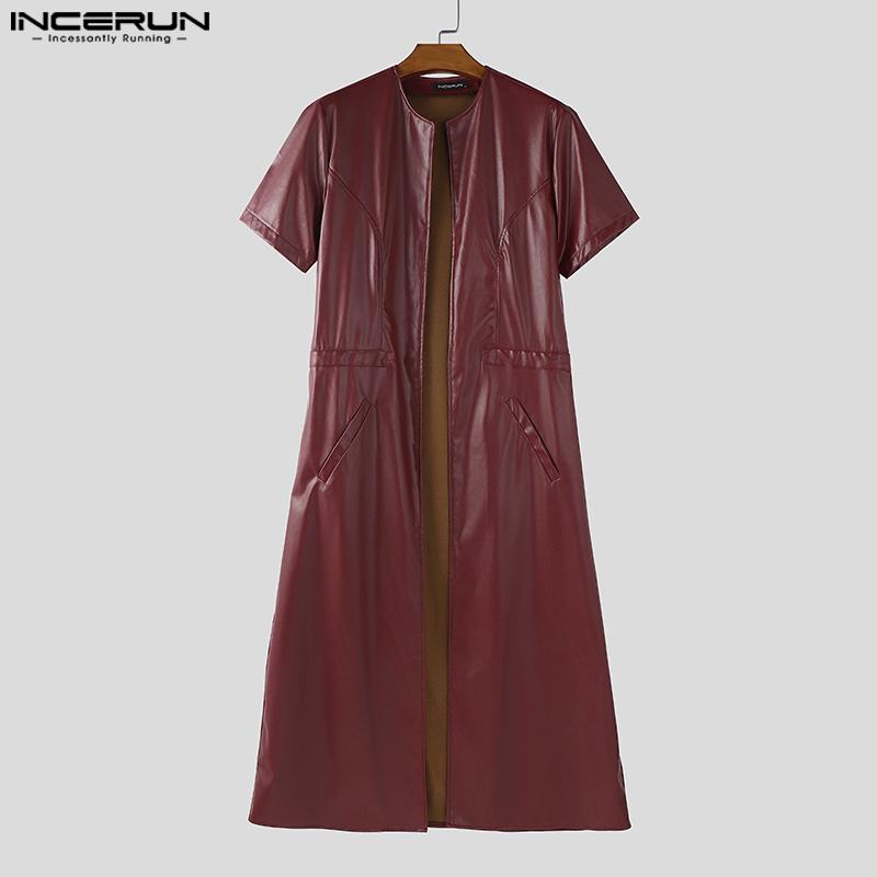 INCERUN Men Short Sleeve PU Open Front Faux Leather Long Cardigan Coats
