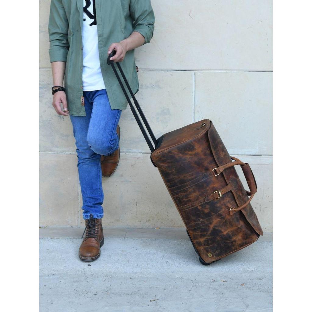 Leather Duffle Bag On Wheels Personalised Travel Weekender Trolley Bag Brown Holdall Leather Overnight Bag Handcrafted Leather Gifts For Him