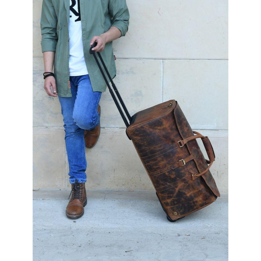 

Leather Duffle Bag On Wheels Personalised Travel Weekender Trolley Bag Brown Holdall Leather Overnight Bag Handcrafted Leather Gifts For Him 24 x 11 x 10 in