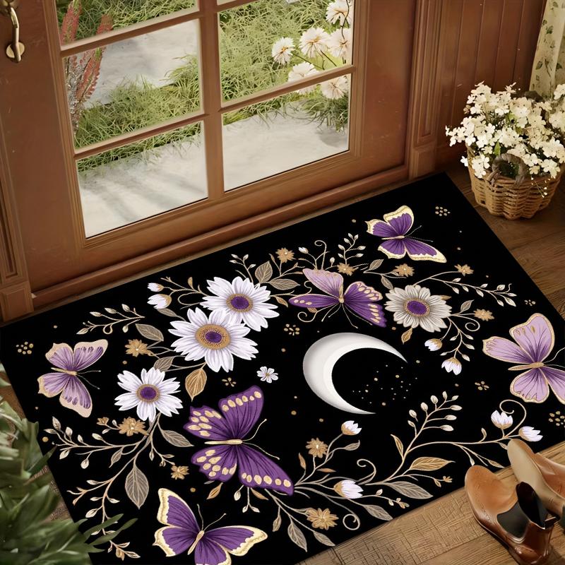 Boho Mystic Area Rug Crescent Moon Purple Butterflies Non Slip Washable Carpet Durable Doormat for Entryway Living Room Gothic