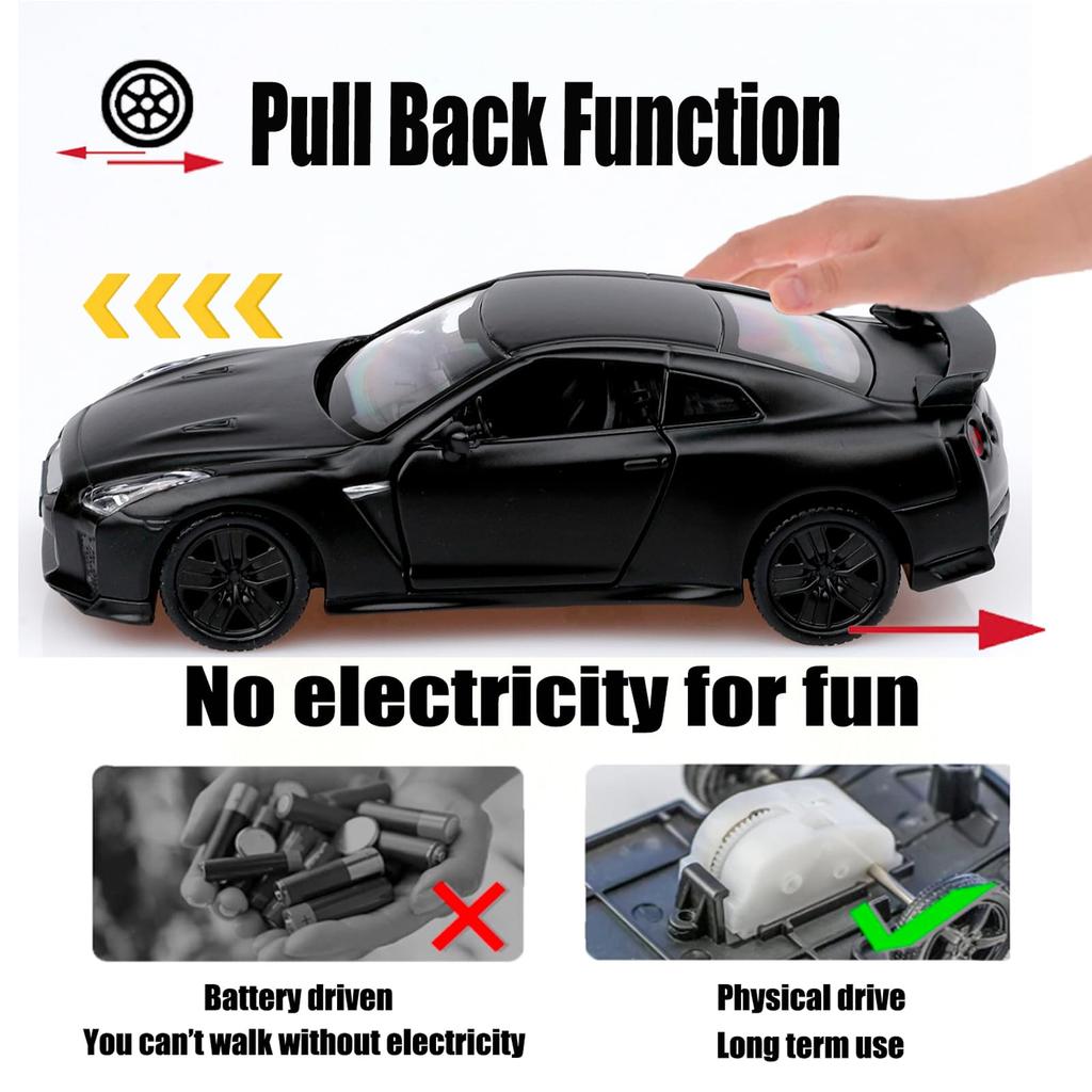 TOKAXI 1/36 Scale Nissan GTR Diecast Model Car, Pull-Back Vehicle NISSAN GTR R35 Toy Car, Gift for Boys and Girls, Matte Black