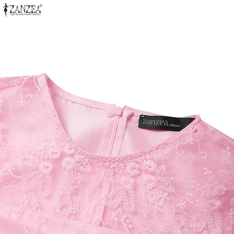 ZANZEA Women Lace Patchwork Round Neck Casual Short Sleeve Sheath Dress