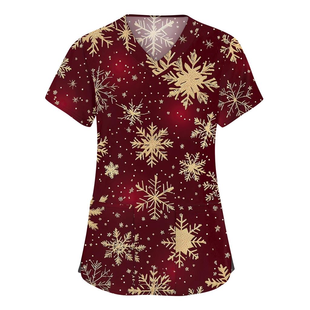 Dámské módní pracovní oděvy s krátkým rukávem a výstřihem do V s kapsami Vánoční topy s potiskem