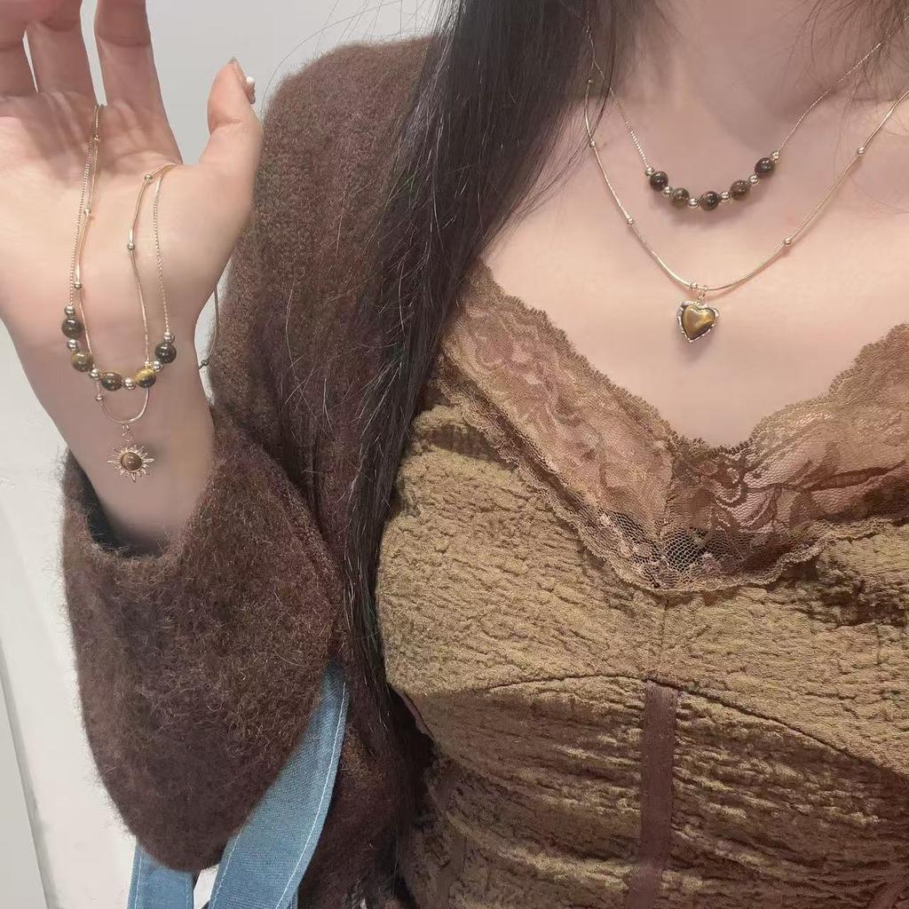 Maillard Tiger's Eye Stone Gold Sunflower Necklace Women's Autumn and Winter Retro Stacked Sweater Chain Niche Premium Accessories