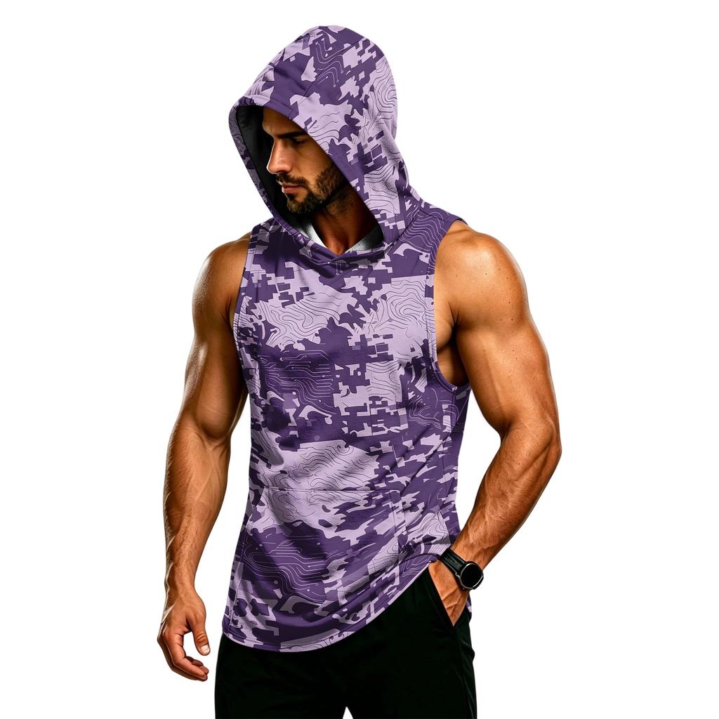Men’s Hooded Sleeveless Vest Muscle Fit Gym Tank Top Breathable Quick Dry Athletic Bodybuilding Shirt for Workout Training