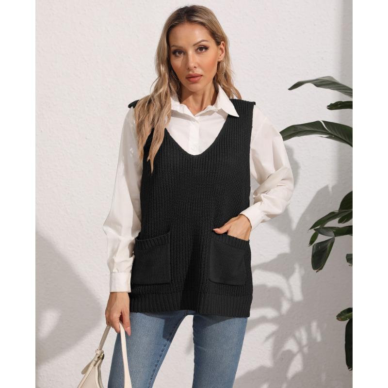 Women's Autumn and Winter Double Pocket Patchwork V-Neck Casual Sweater Vest