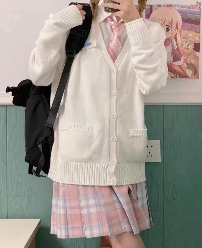Spring and Autumn JK Uniform, V-neck Knit Cardigan, Sweater for Women, Japanese Collegiate Solid Color Lightweight Jacket, Versatile Long-sleeve Top