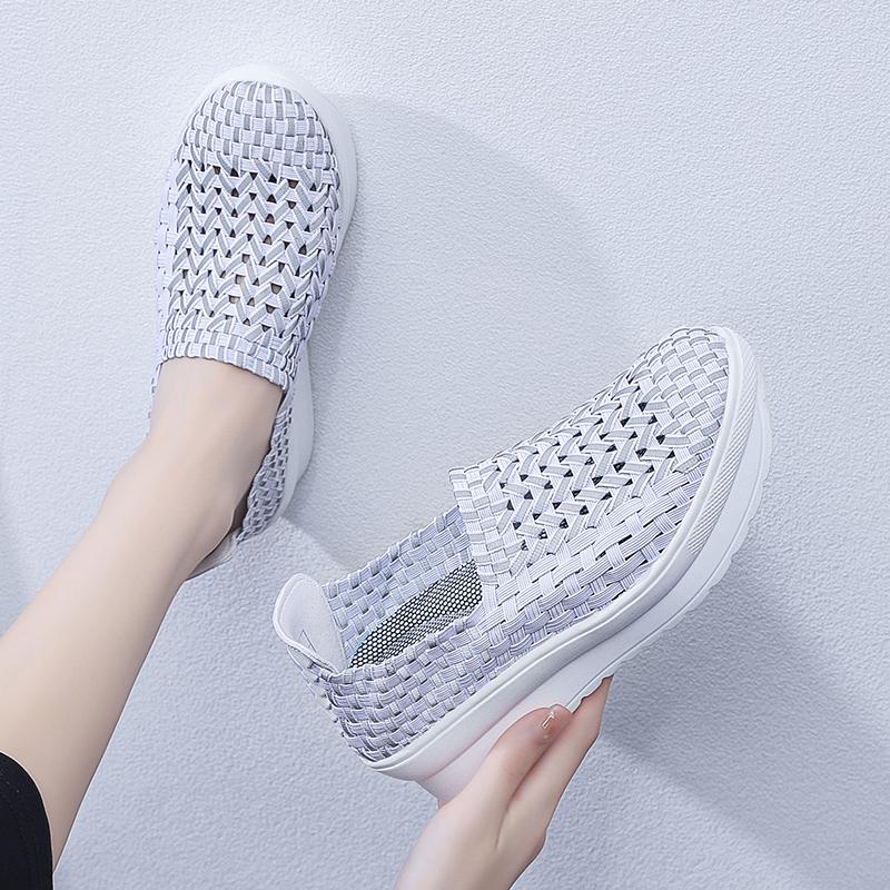 Lady Summer Breathable Slip on Beach Shoes Women Casual Platform Elevator Braided Blue White Sneakers Plus Size