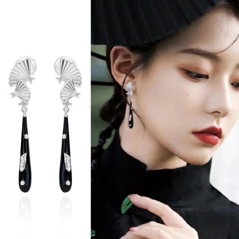 Retro Chinese Style Inlay Zircon Sliver Color Fan Black Water Droplet Long Tassel Dangle Earrings for Women Temperament Jewelry