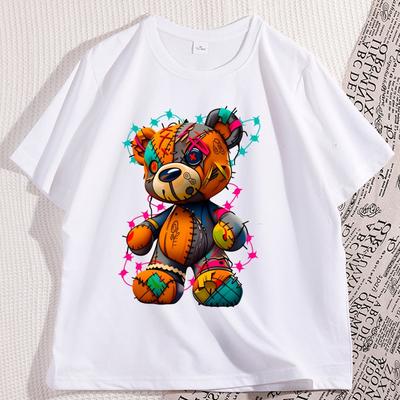 Zerfetztes Teddybär T-Shirt Bedrucktes Baumwoll-Grafik-T-Shirts Coole Streetwear Herren Damen T-Shirt Locker Rundhals Atmungsaktive Tops