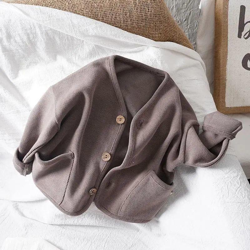 

Осенний детский кардиган с длинным рукавом, детское хлопковое пальто для мальчиков и девочек, однотонная куртка, детский повседневный кардиган, детская одежда 110cm кофейный