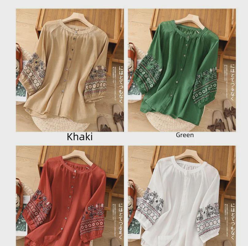 Women's Retro Embroidered Cotton-Linen Lantern Sleeve Shirt (Spring/Summer 2024)