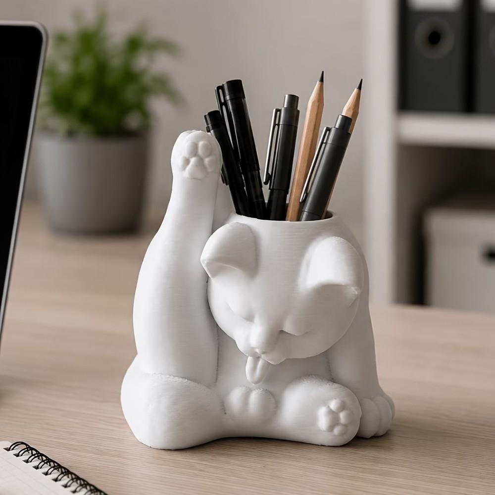 Funny Makeup Brush Holder 3D Printed Desk Storage Box Licking Paw Cat Statue Stationery Storage