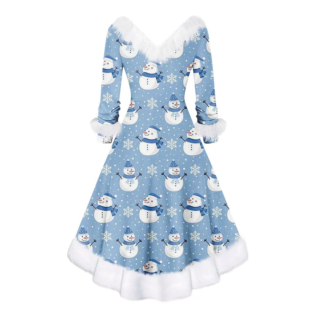Women's Fashion V-neck Casual Fit Christmas Print Party Long Sleeve Dress