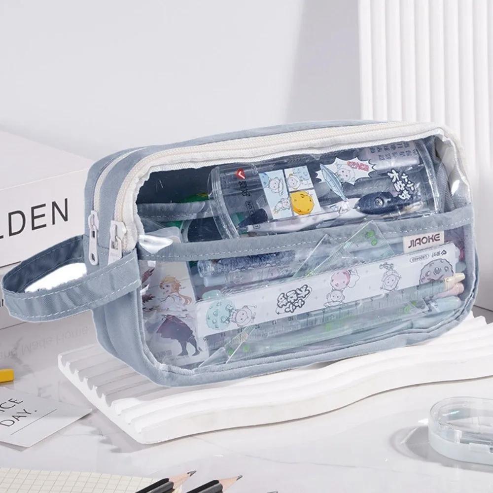 

Корейський прозорий пенал великої місткості водонепроникний шкільний пенал однотонний ПУ косметичка шкільне приладдя синій