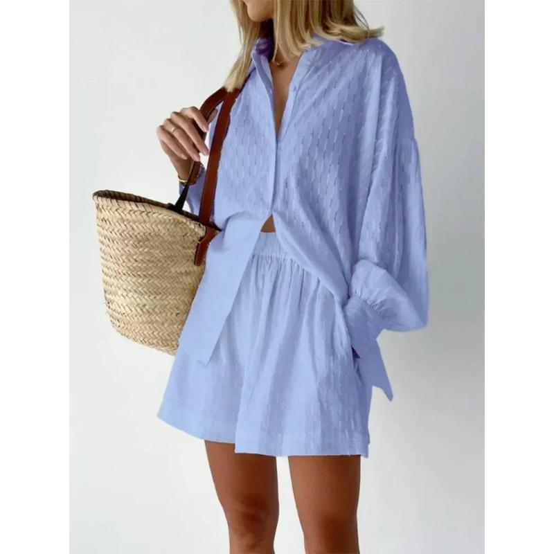 Casual Loose Women Short Two Piece Set Suit Fashion Blouse Long Sleeve Shirt Lady Simple Style Shorts Streetwear Blouse Tops