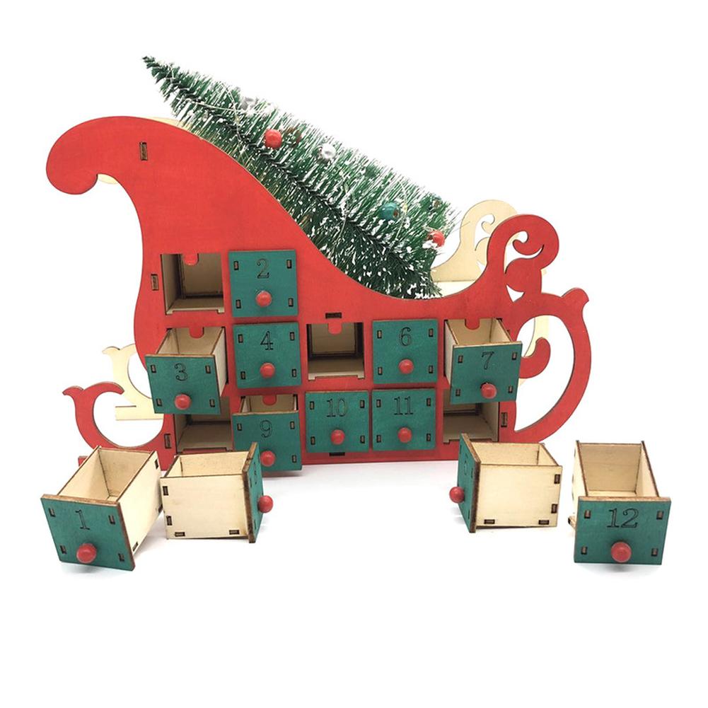 Christmas Wooden Advent Calendar, Countdown To Christmas With 24 Drawers, Sleigh Shape Christmas Tree DIY Advent Calendar With Lights