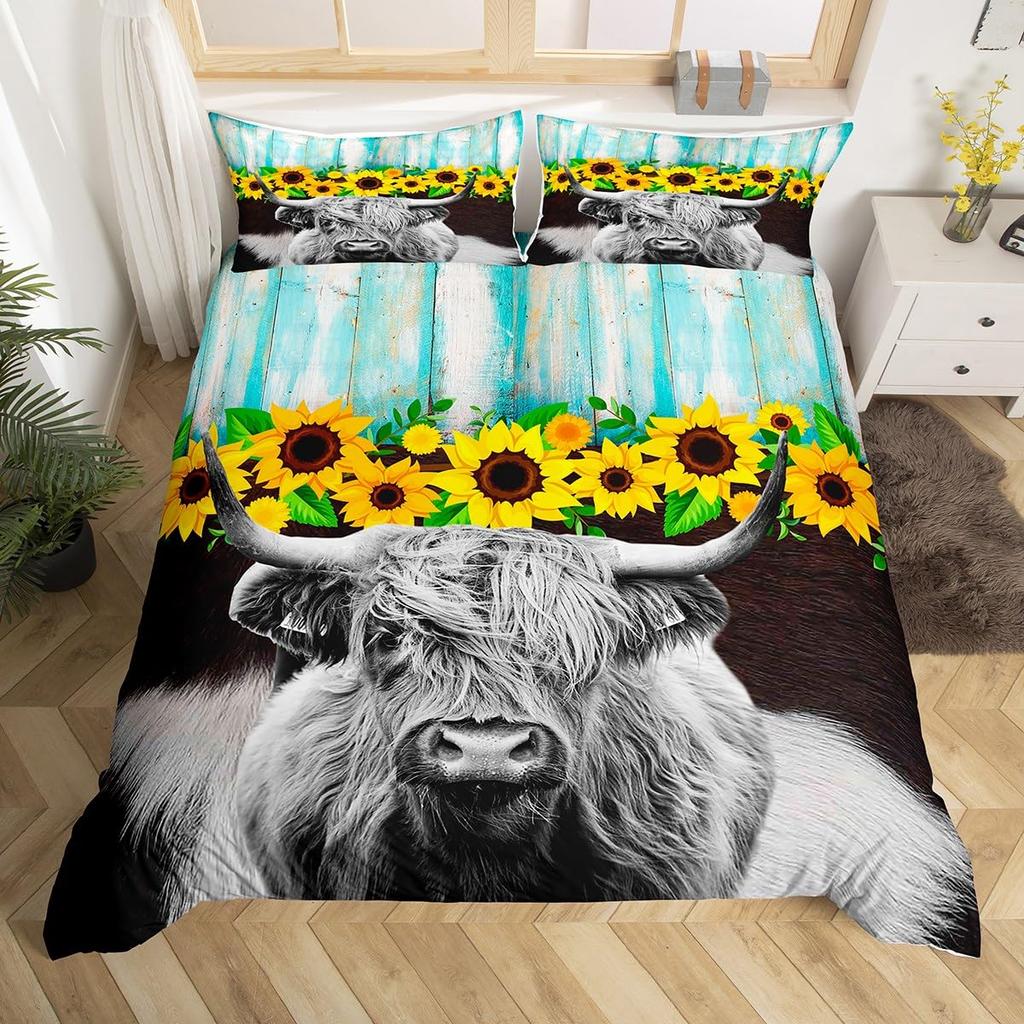 Highland Cow Comforter Cover Queen Size Farmhouse Animal Milk Bedding Set Funny Cute Cow Duvet Cover Wildlife Animal Quilt Cover
