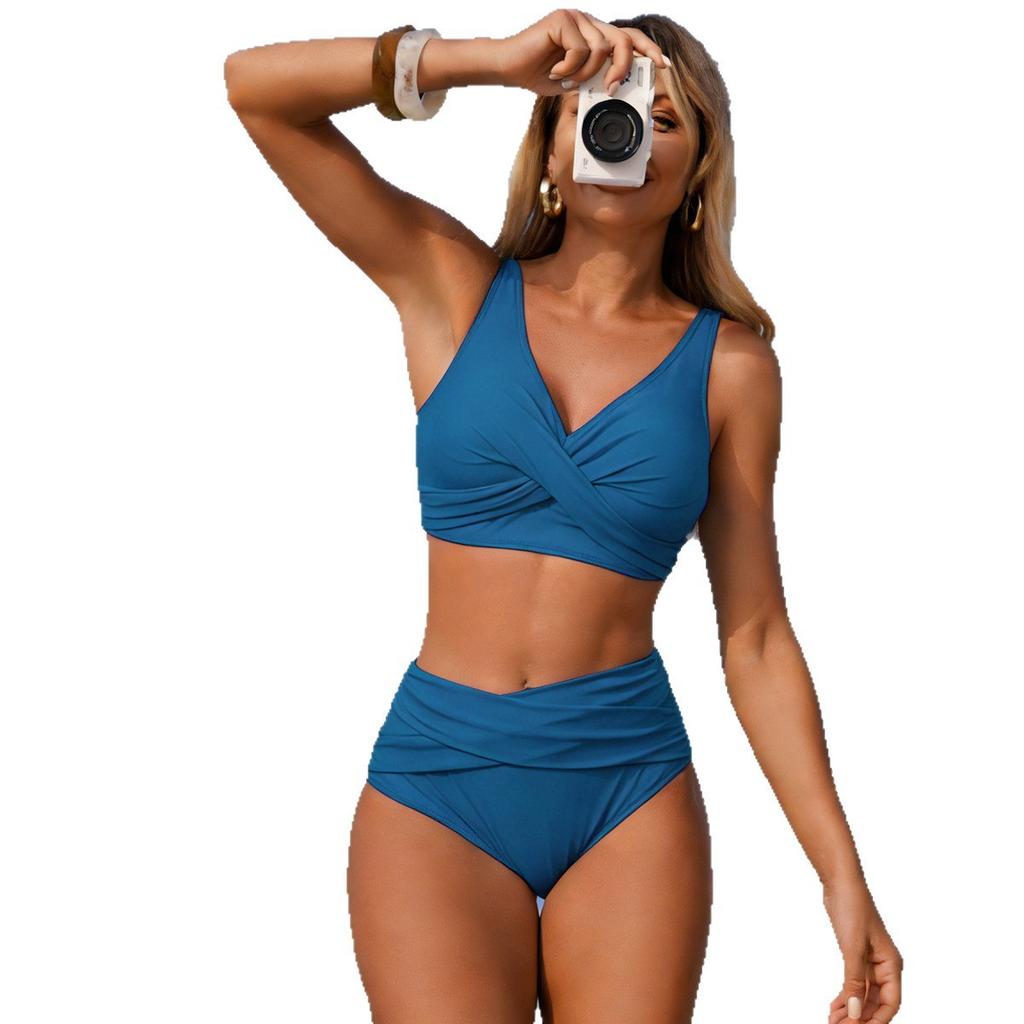 Women’s Summer Solid Color Bathing Suit Sexy Bikini Swimsuit, Two-Piece High-Waist Swimwear Set
