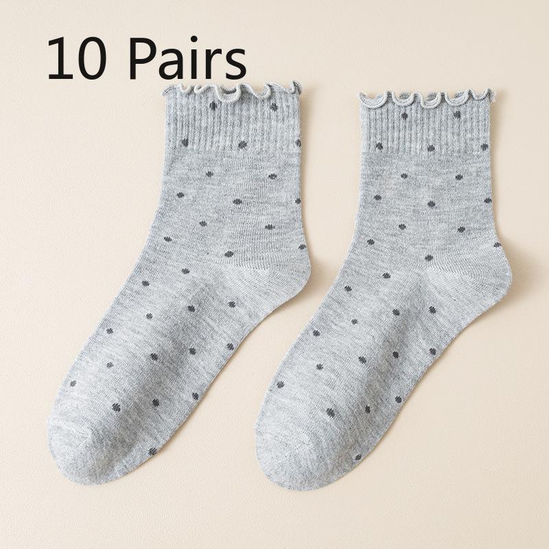 10 Pairs of Female Autumn Lovely Fungus Lace Small Polka Dot Tube Socks