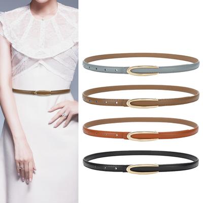 Women's Cowhide Skinny Leather Belt Ladies Solid Color Fashion Thin Waist Belt Buckle for Jeans