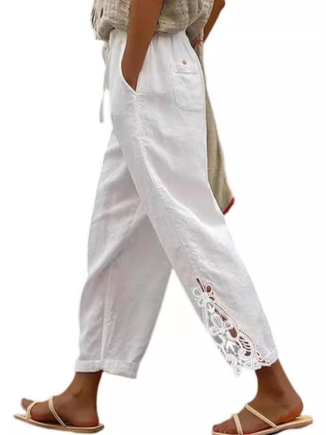 Autumn Lace Patchwork High-Waist Drawstring Cropped Casual Pants with Pockets 2025