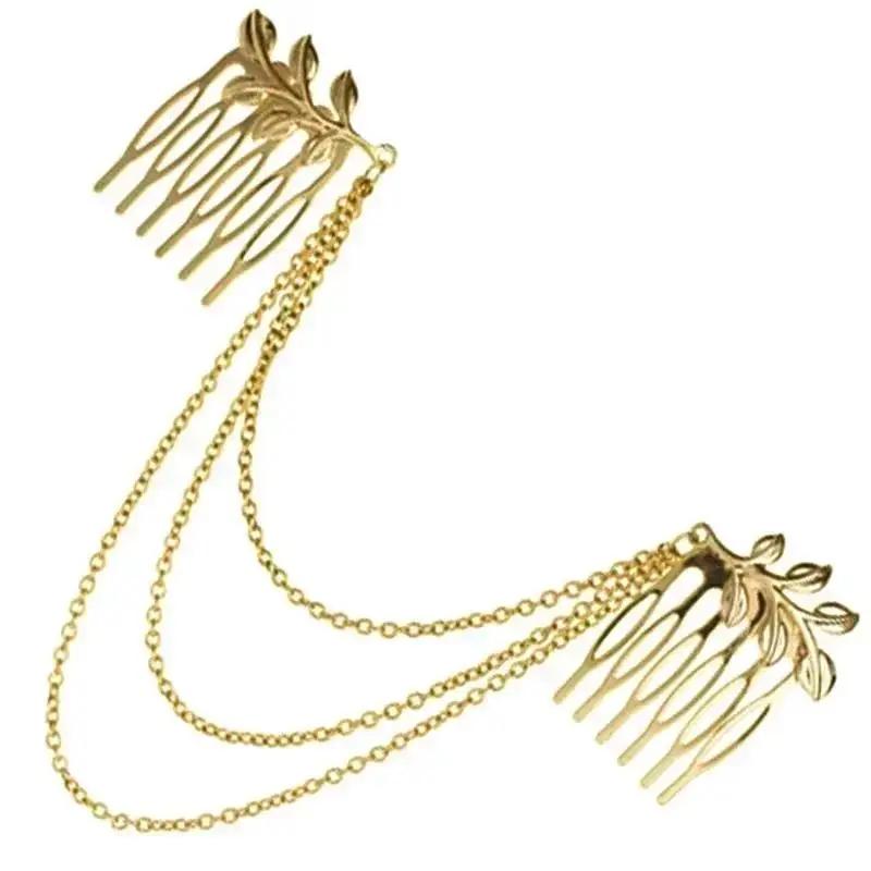 Fashion Gold Tassel Tree Leaf Hair Comb, Double Headed Insert Comb Tassel Bridal Headpiece Ladies Elegant Dress Accessories Gift