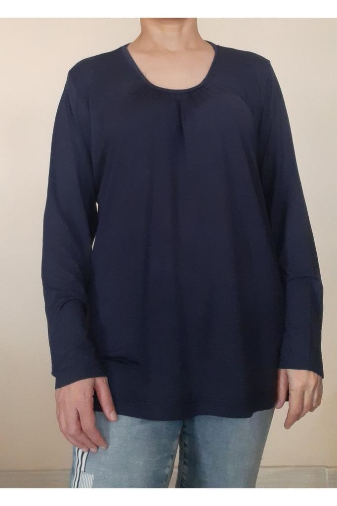 Women's Style Big Size T-Shirt Navy Blue Combed Cotton Viscose T-Shirt With Gathered Collar