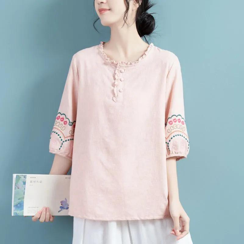 

Женский жаккардовый свитер в стиле ретро из хлопка и льна в китайском стиле с воротником-грибком, весна/лето 2024 г. 2XL 140-160 розовый