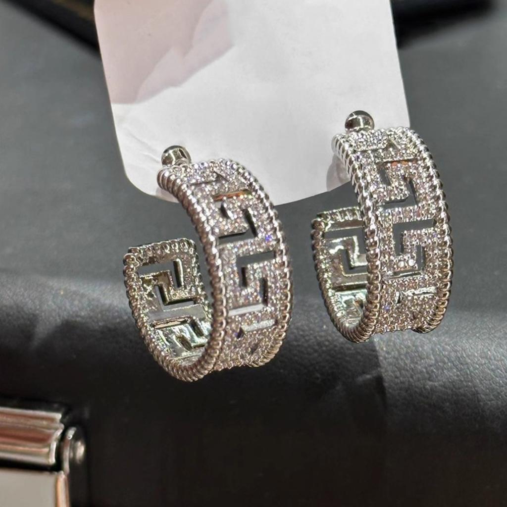 Geometric Pattern Paved Earrings for Women Fashion Hollow Design Sparkling Earrings for Party and Daily Wear
