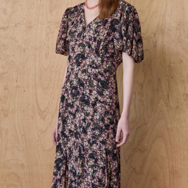 Maxza Floral Balloon SleeVe V Neck Long Dress Ze07qp001nh