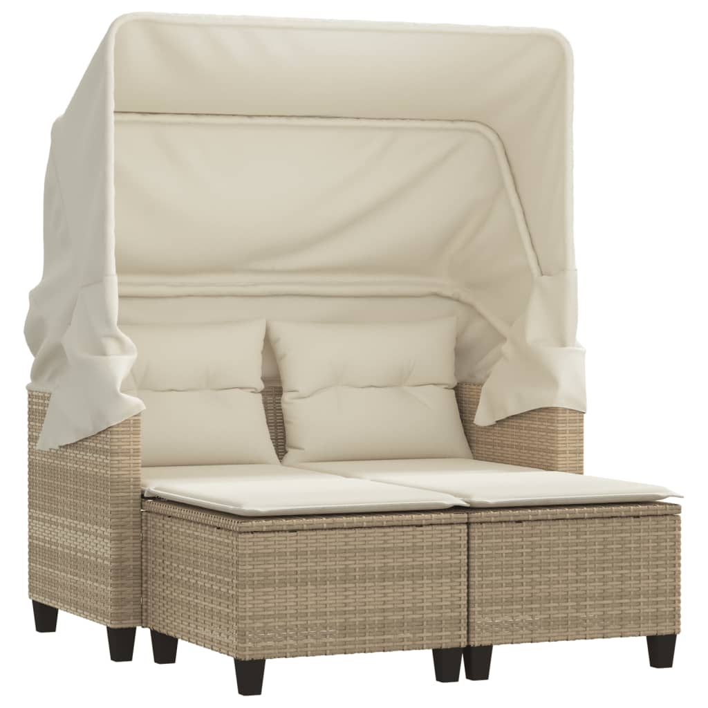Vidaxl 2-Os. Garden Sofa With Canopy And Stools, Beige, Rattan Pe