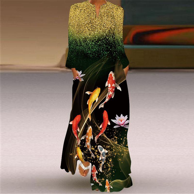 Chinese Style Dress Fancy Carp Pattern Print Long Sleeve Dress Travel Photography Stage Show Performance Costume