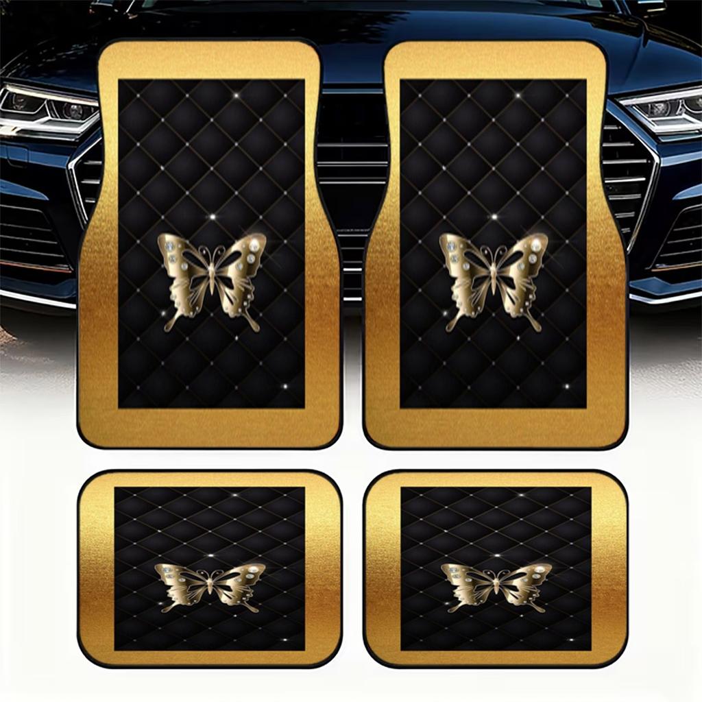 Set Of 4 Car Floor Mats Featuring A Golden Butterfly And Gem Pattern, Made From Polyester, Offering A Luxurious And Elegant Touc