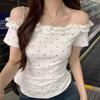Summer New Style Pure Desire Design Ruffled Polka Dot Short-Sleeve T-Shirt for Women, Off-Shoulder Niche Slim-Fit Flattering Top