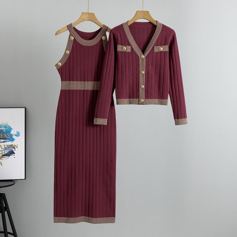 Winter Knitted Shirt, Vest, Dress, Two Piece Fashion Set, Woolen Dress, Female